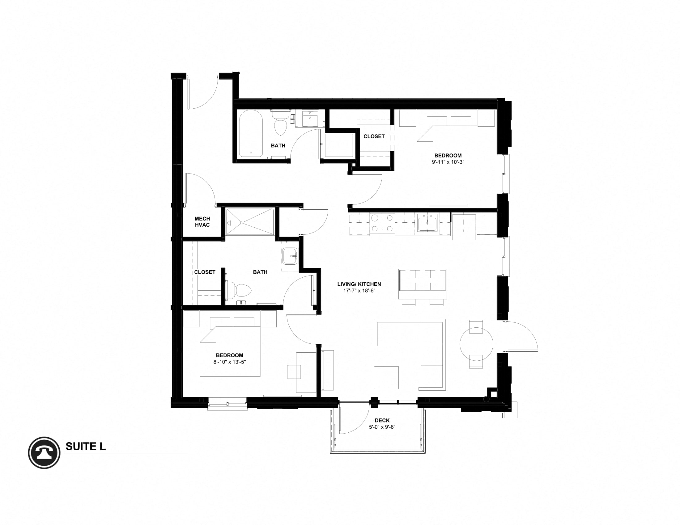 Floor plan for 2 beds, 1.8 baths, 1022 sqft